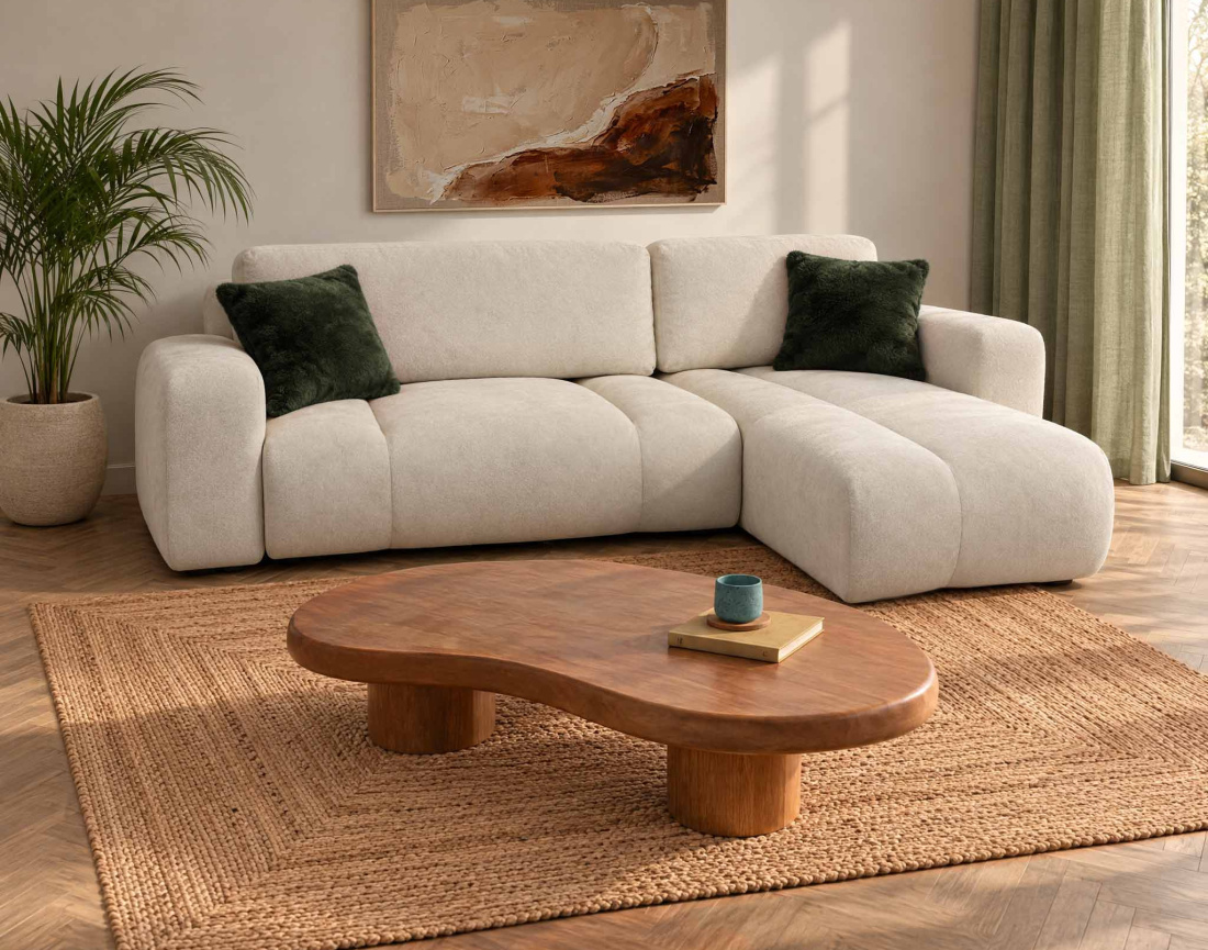Canapé MANON d'angle droit 4 places convertible avec coffre en tissu | Best Mobilier