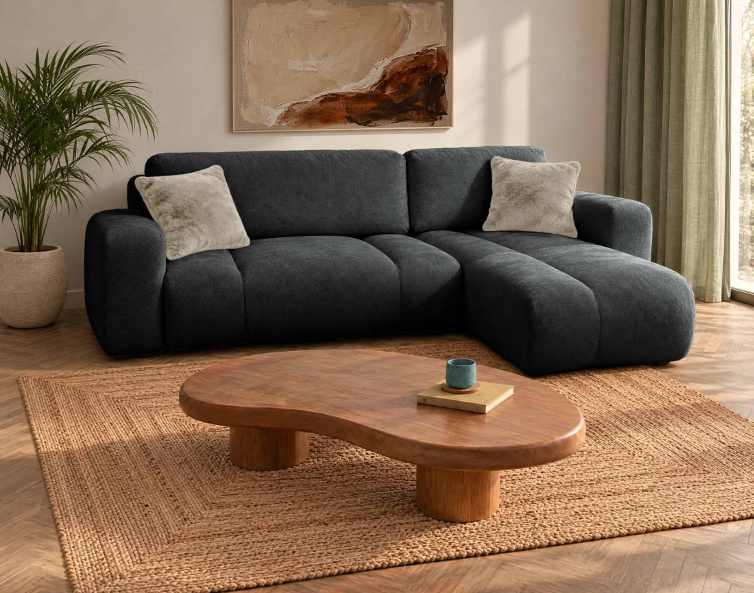 Canapé MANON d'angle réversible 4 places convertible avec coffre en tissu | Best Mobilier