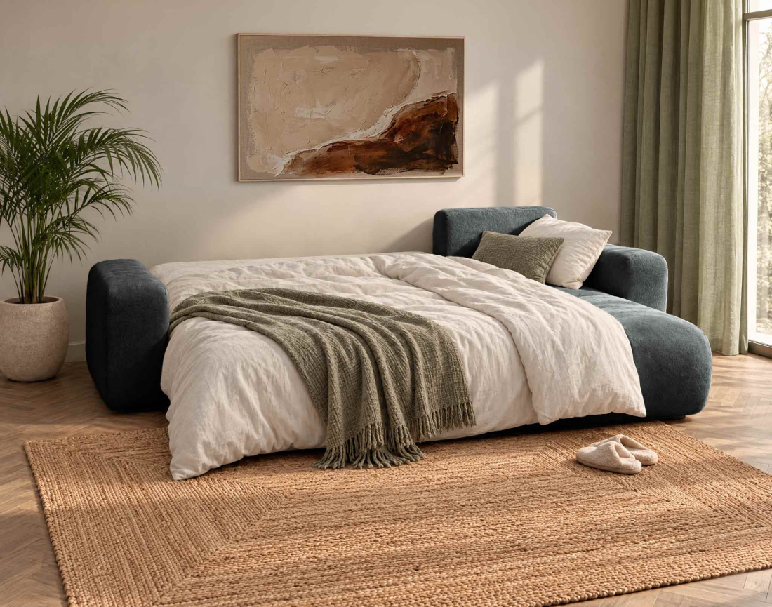 Canapé MANON d'angle droit 4 places convertible avec coffre en tissu | Best Mobilier
