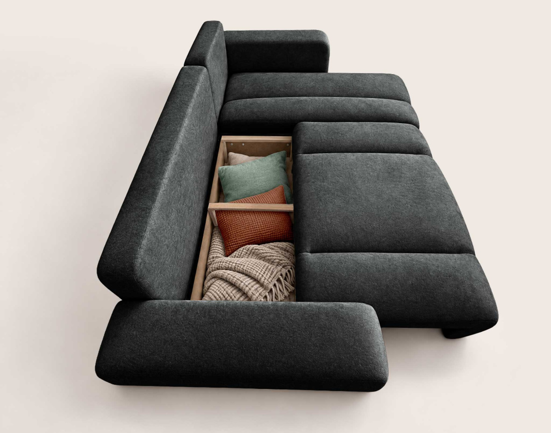 Canapé MANON d'angle droit 4 places convertible avec coffre en tissu | Best Mobilier