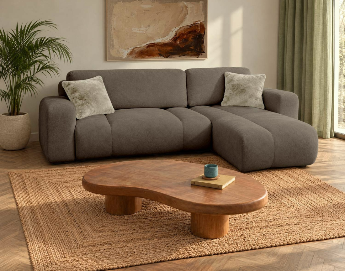 Canapé MANON d'angle droit 4 places convertible avec coffre en tissu | Best Mobilier