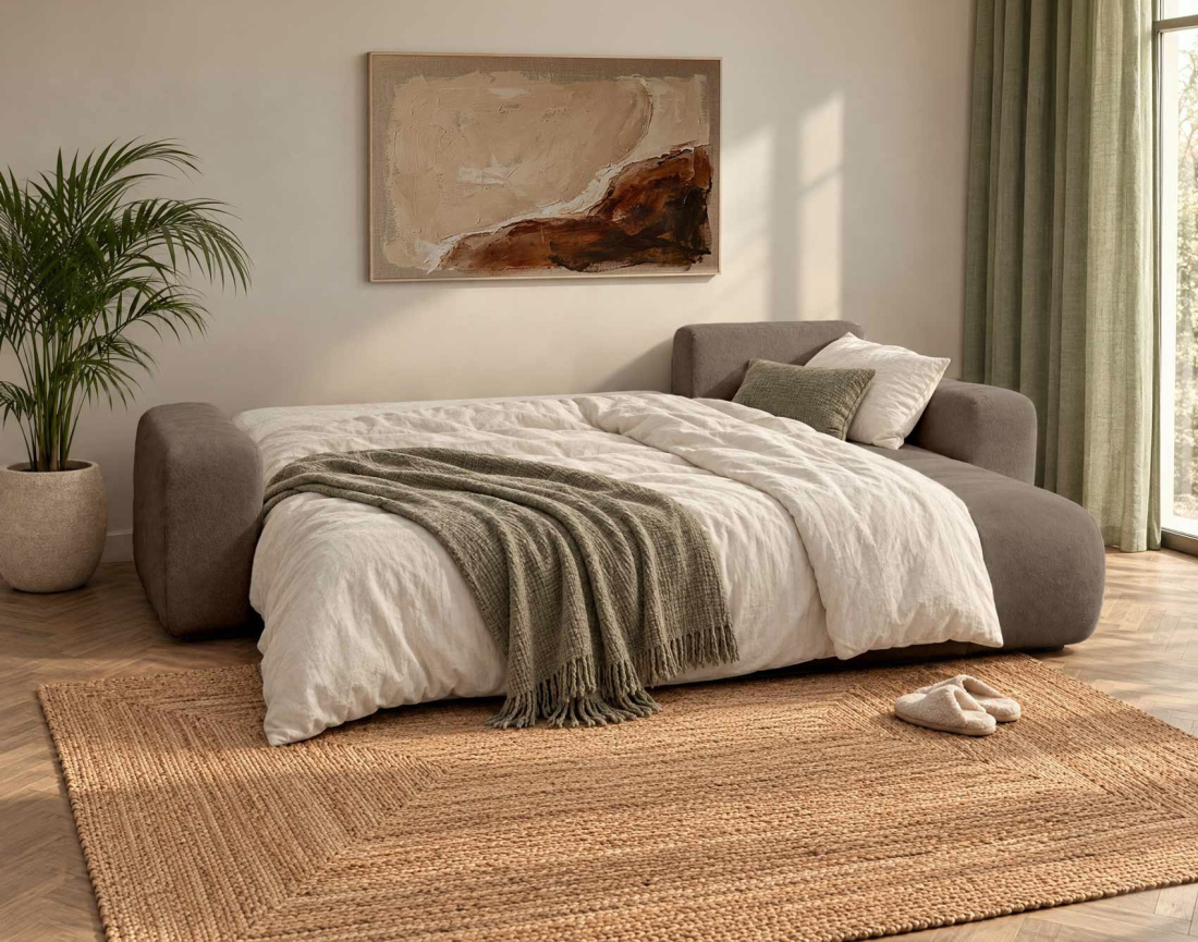 Canapé MANON d'angle réversible 4 places convertible avec coffre en tissu | Best Mobilier