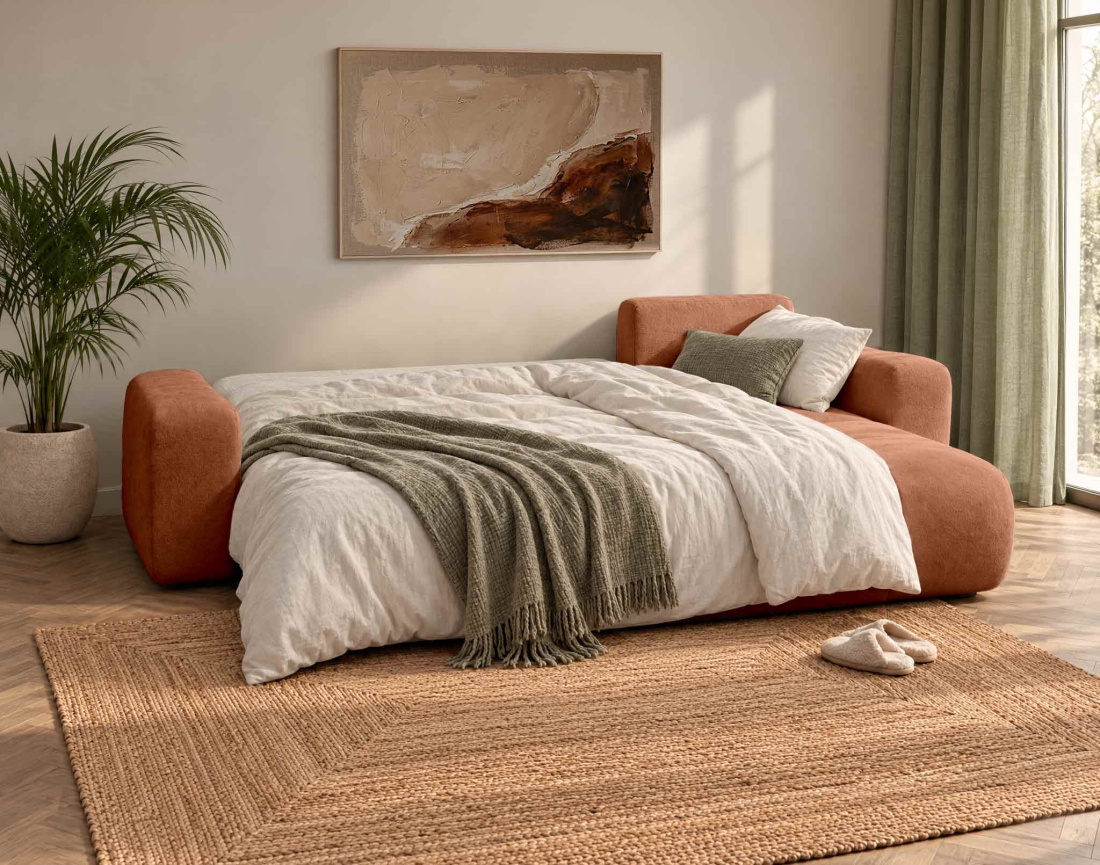 Canapé MANON d'angle réversible 4 places convertible avec coffre en tissu | Best Mobilier