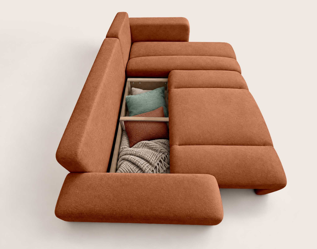 Canapé MANON d'angle réversible 4 places convertible avec coffre en tissu | Best Mobilier