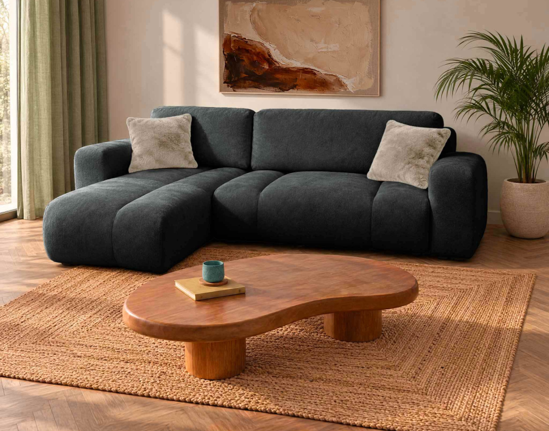Canapé MANON d'angle gauche 4 places convertible avec coffre en tissu | Best Mobilier