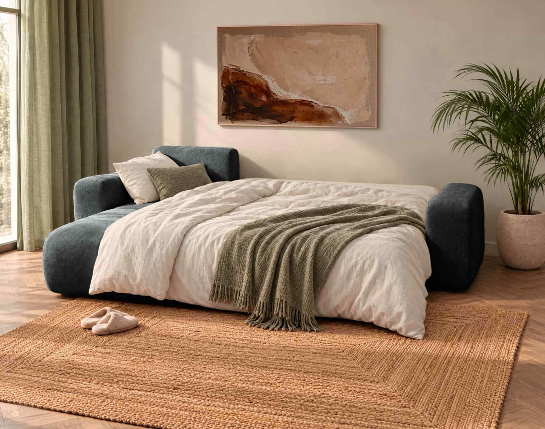 Canapé MANON d'angle gauche 4 places convertible avec coffre en tissu | Best Mobilier