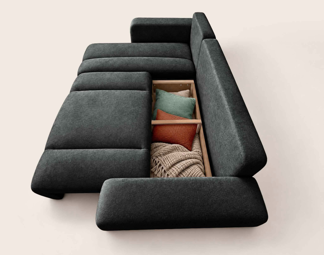 Canapé MANON d'angle gauche 4 places convertible avec coffre en tissu | Best Mobilier