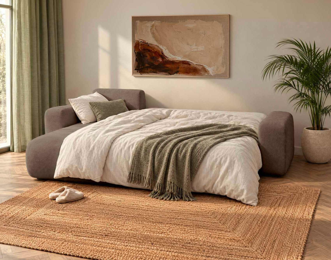 Canapé MANON d'angle gauche 4 places convertible avec coffre en tissu | Best Mobilier