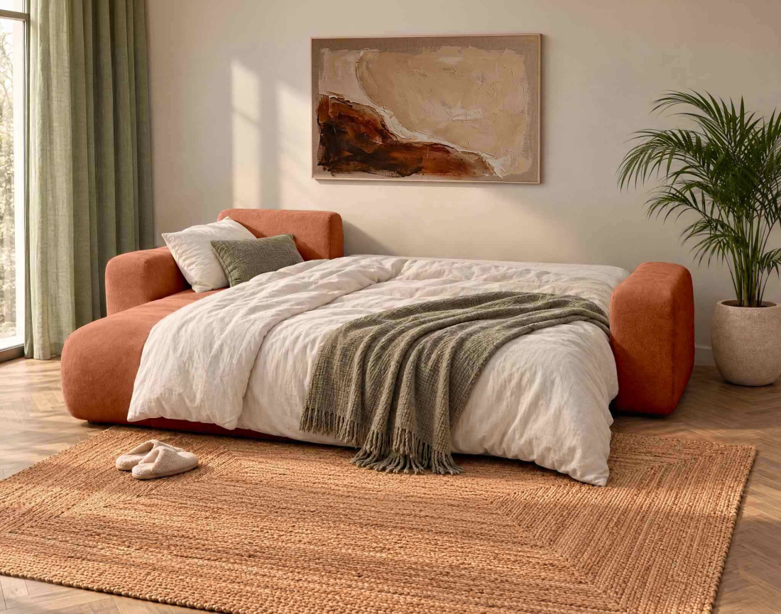 Canapé MANON d'angle gauche 4 places convertible avec coffre en tissu | Best Mobilier