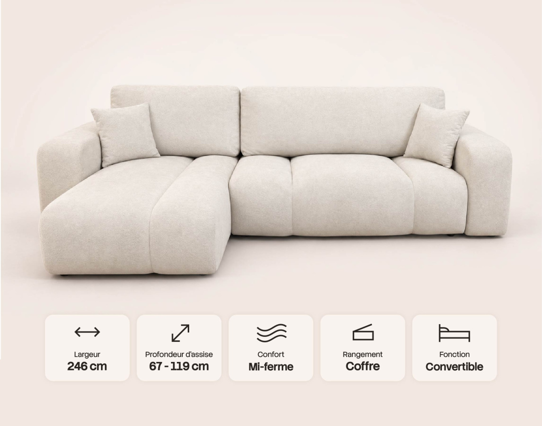 Canapé MANON d'angle gauche 4 places convertible avec coffre en tissu | Best Mobilier