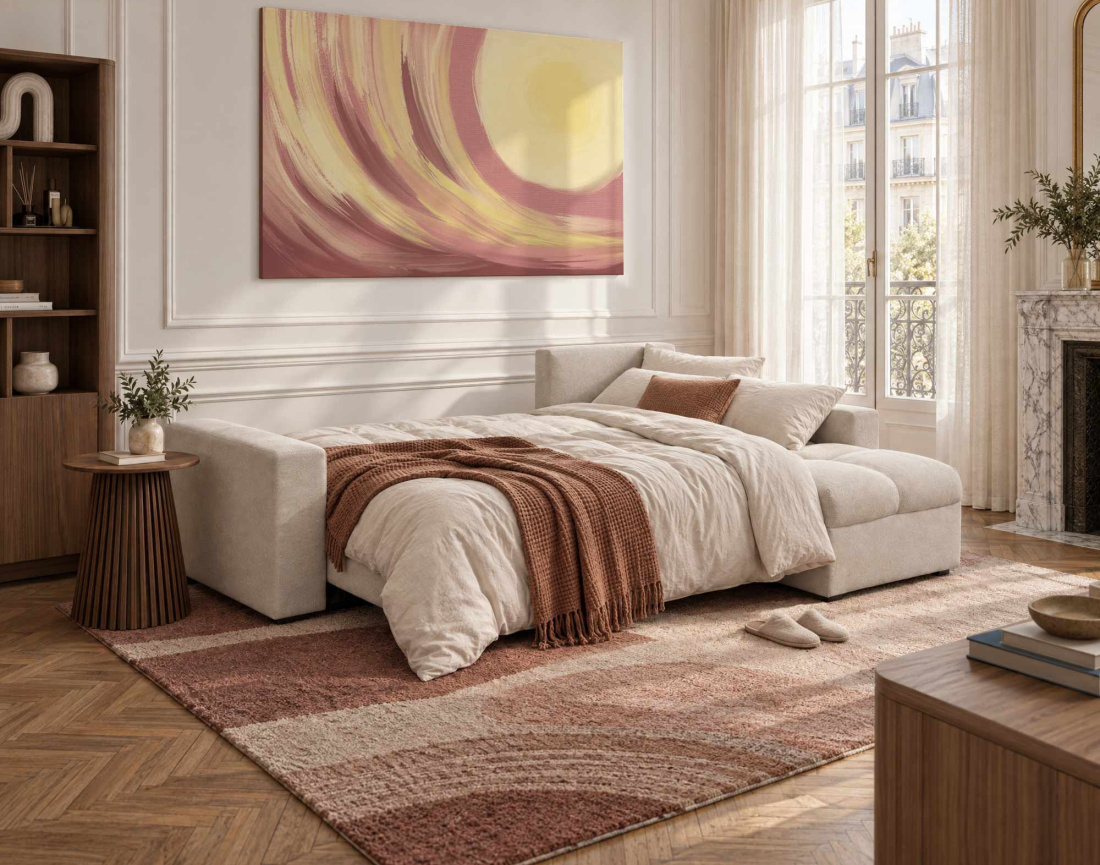 Canapé CYRO d'angle réversible 4 places convertible avec coffre en tissu | Best Mobilier