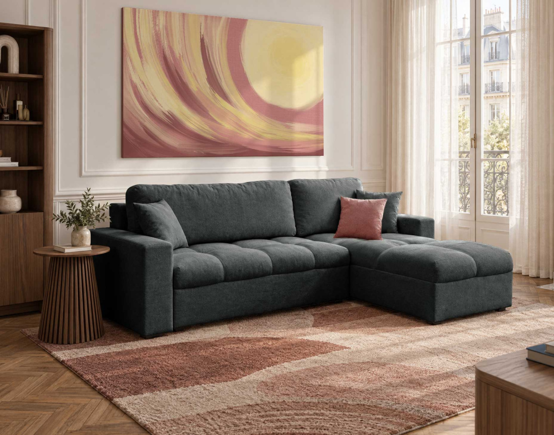 Canapé CYRO d'angle réversible 4 places convertible avec coffre en tissu | Best Mobilier