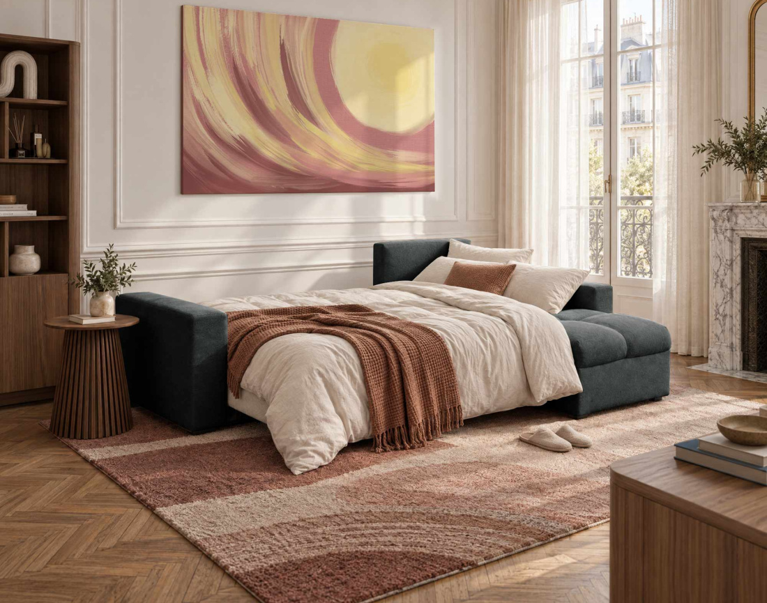 Canapé CYRO d'angle réversible 4 places convertible avec coffre en tissu | Best Mobilier