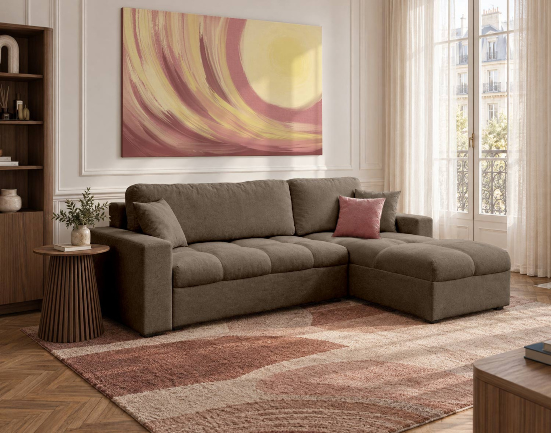 Canapé CYRO d'angle réversible 4 places convertible avec coffre en tissu | Best Mobilier