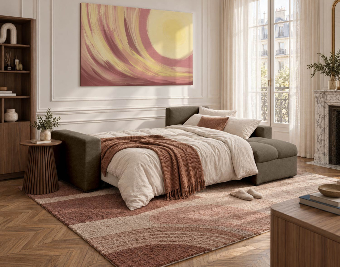 Canapé CYRO d'angle réversible 4 places convertible avec coffre en tissu | Best Mobilier