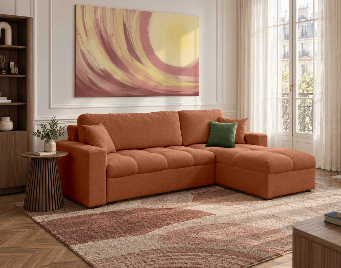 Canapé CYRO d'angle réversible 4 places convertible avec coffre en tissu | Best Mobilier
