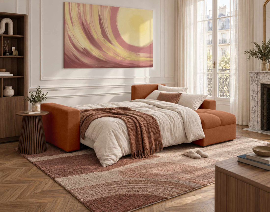Canapé CYRO d'angle réversible 4 places convertible avec coffre en tissu | Best Mobilier