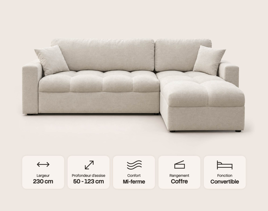 Canapé CYRO d'angle réversible 4 places convertible avec coffre en tissu | Best Mobilier