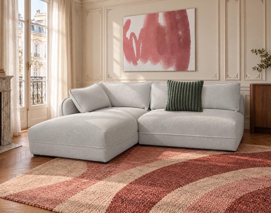 Canapé LUCIEN d'angle gauche 5 places en tissu bouclette | Best Mobilier