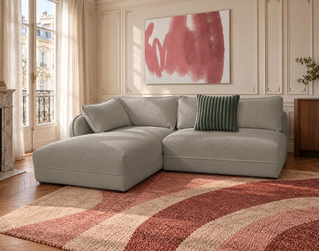 Canapé LUCIEN d'angle gauche 5 places en tissu bouclette | Best Mobilier
