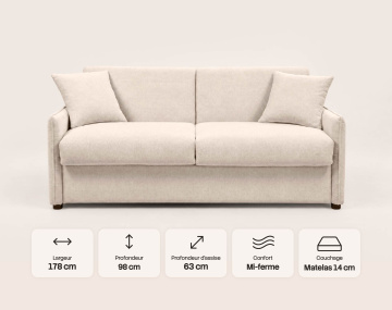 Canapé ADELE 3 places convertible express couchage quotidien 140 cm matelas 14 cm en tissu texturé | Best Mobilier