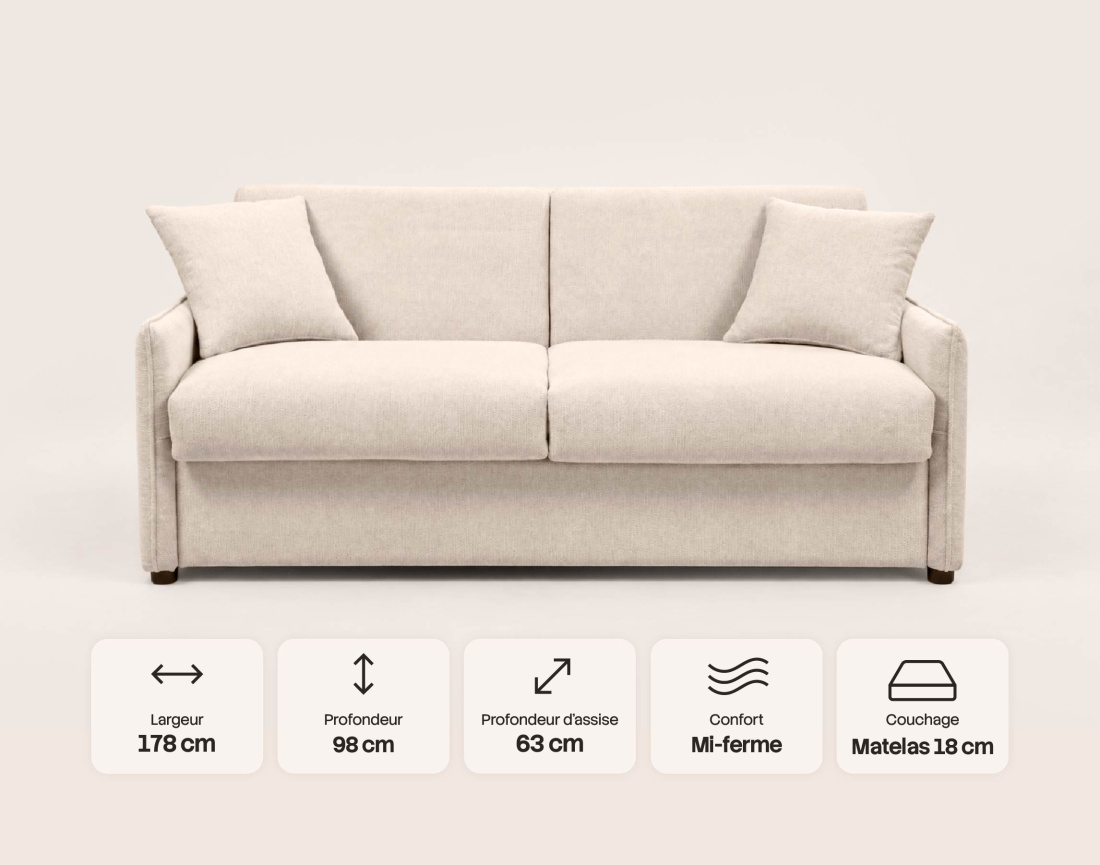 Canapé ADELE lit 3 places convertible express couchage quotidien 140x190 cm matelas 18 cm en tissu texturé | Best Mobilier