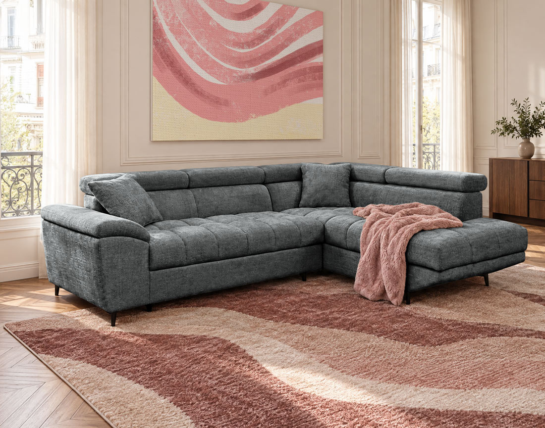 Canapé CAMILLE d'angle droit 5 places convertible avec têtières et coffre en velours texturé | Best Mobilier