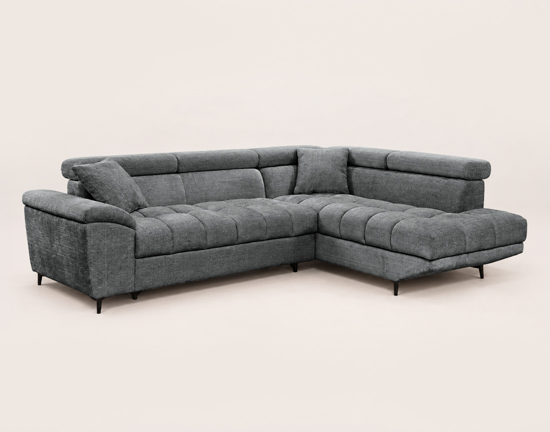Canapé CAMILLE d'angle droit 5 places convertible avec têtières et coffre en velours texturé | Best Mobilier