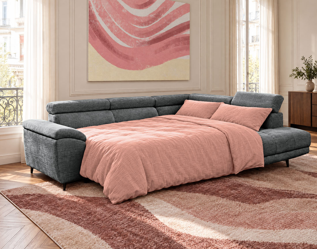 Canapé CAMILLE d'angle droit 5 places convertible avec têtières et coffre en velours texturé | Best Mobilier