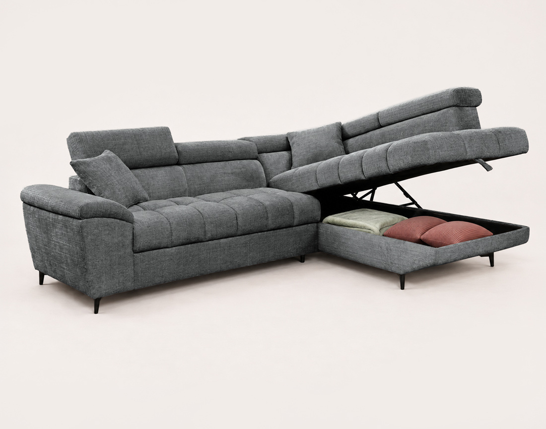 Canapé CAMILLE d'angle droit 5 places convertible avec têtières et coffre en velours texturé | Best Mobilier