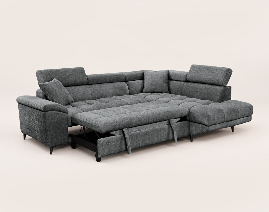 Canapé CAMILLE d'angle droit 5 places convertible avec têtières et coffre en velours texturé | Best Mobilier