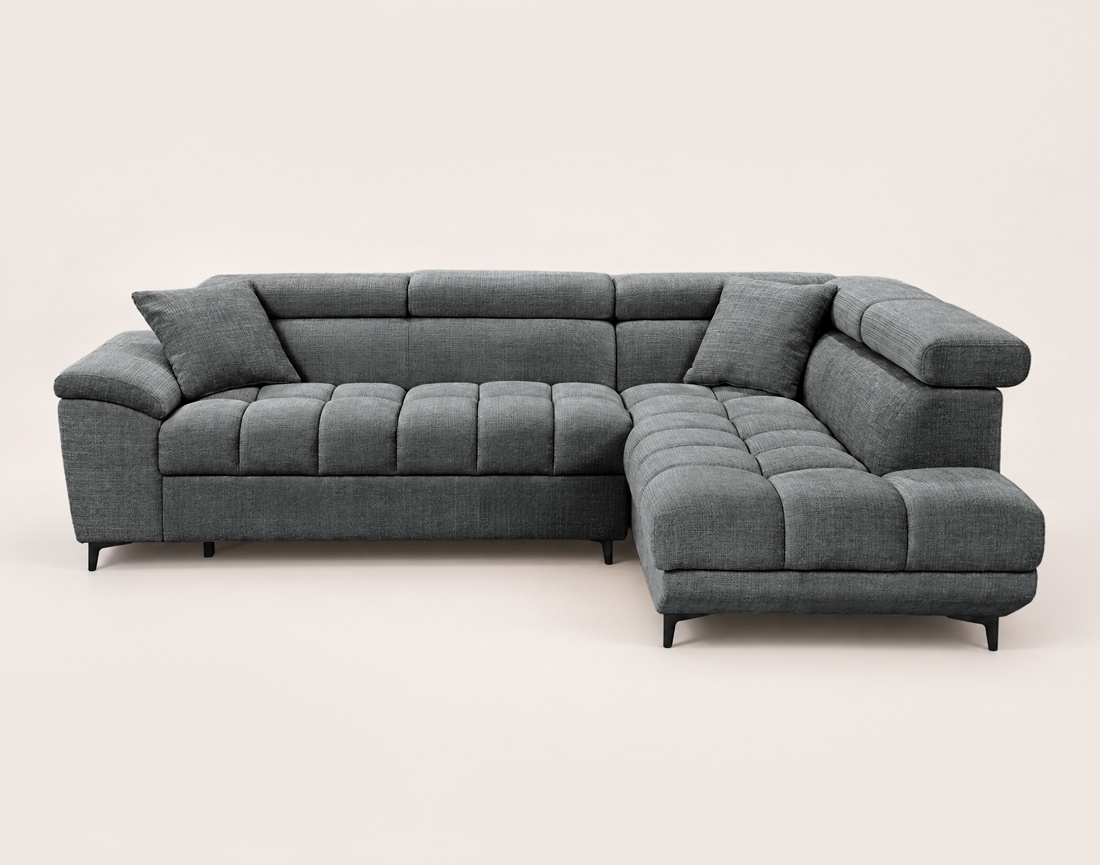 Canapé CAMILLE d'angle droit 5 places convertible avec têtières et coffre en velours texturé | Best Mobilier