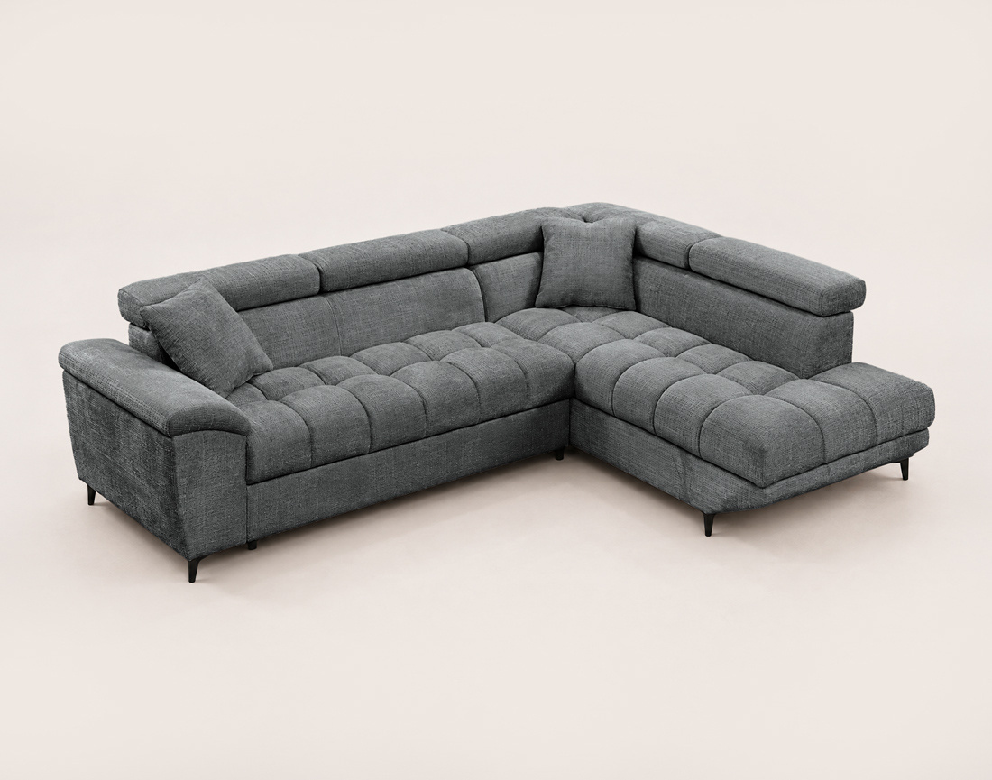 Canapé CAMILLE d'angle droit 5 places convertible avec têtières et coffre en velours texturé | Best Mobilier