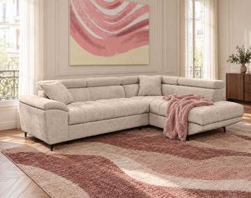 Canapé CAMILLE d'angle droit 5 places convertible avec têtières et coffre en velours texturé | Best Mobilier