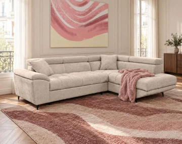 Canapé CAMILLE d'angle droit 5 places convertible avec têtières et coffre en velours texturé | Best Mobilier