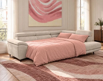 Canapé CAMILLE d'angle droit 5 places convertible avec têtières et coffre en velours texturé | Best Mobilier