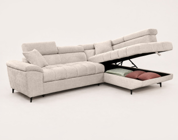 Canapé CAMILLE d'angle droit 5 places convertible avec têtières et coffre en velours texturé | Best Mobilier