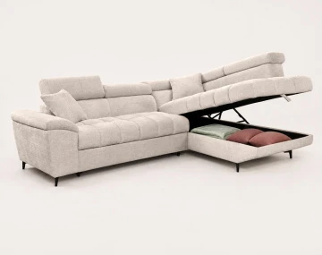 Canapé CAMILLE d'angle droit 5 places convertible avec têtières et coffre en velours texturé | Best Mobilier
