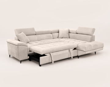 Canapé CAMILLE d'angle droit 5 places convertible avec têtières et coffre en velours texturé | Best Mobilier