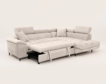 Canapé CAMILLE d'angle droit 5 places convertible avec têtières et coffre en velours texturé | Best Mobilier