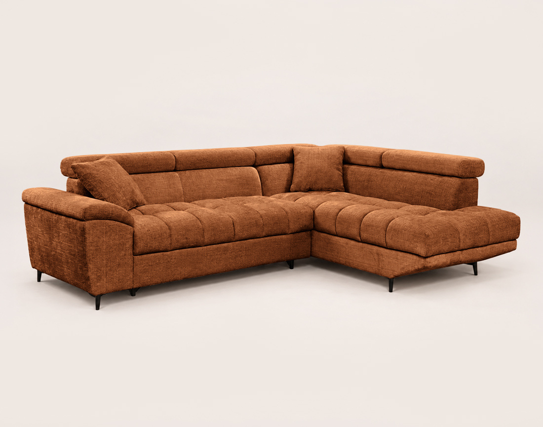 Canapé CAMILLE d'angle droit 5 places convertible avec têtières et coffre en velours texturé | Best Mobilier