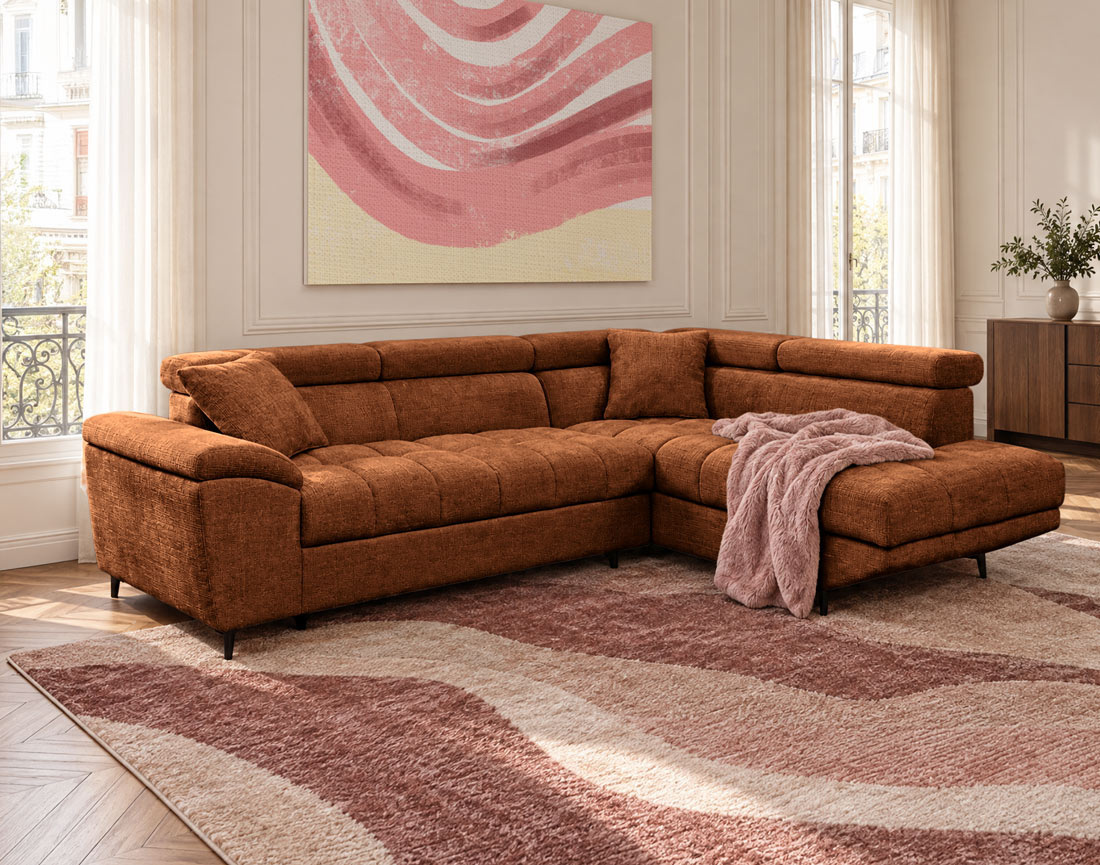 Canapé CAMILLE d'angle droit 5 places convertible avec têtières et coffre en velours texturé | Best Mobilier