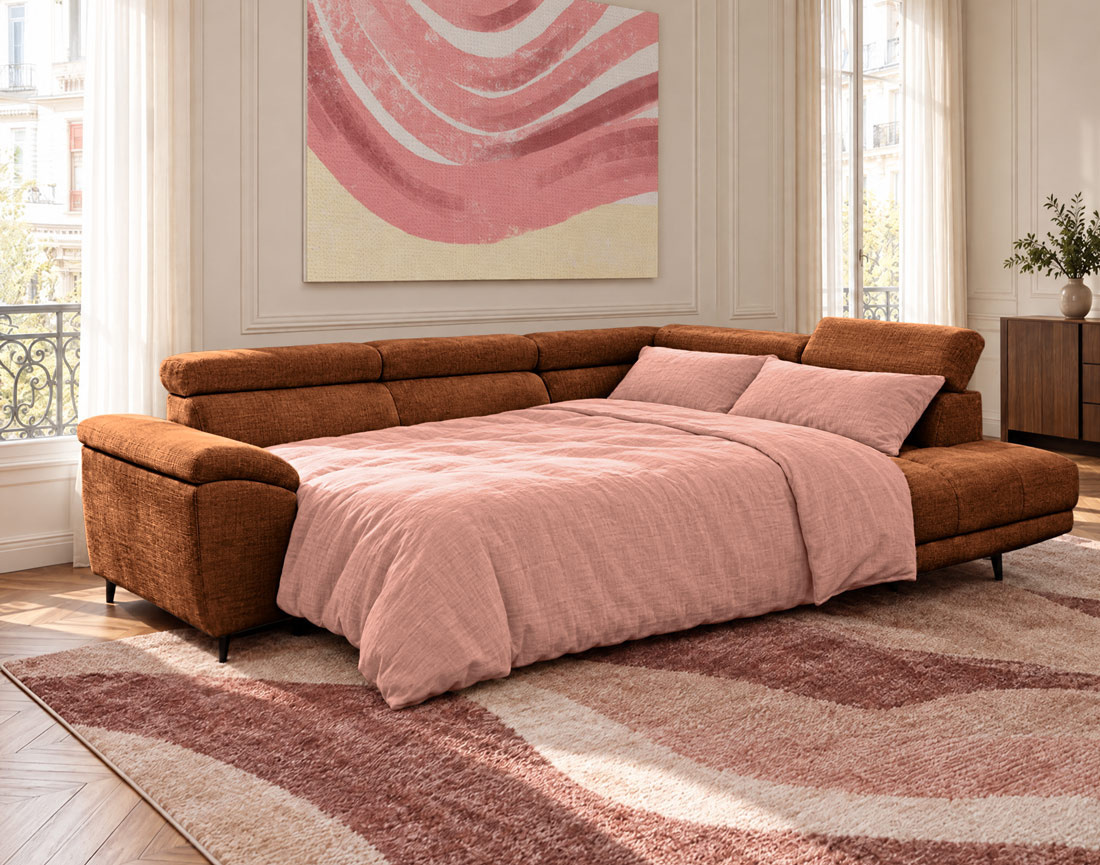 Canapé CAMILLE d'angle droit 5 places convertible avec têtières et coffre en velours texturé | Best Mobilier