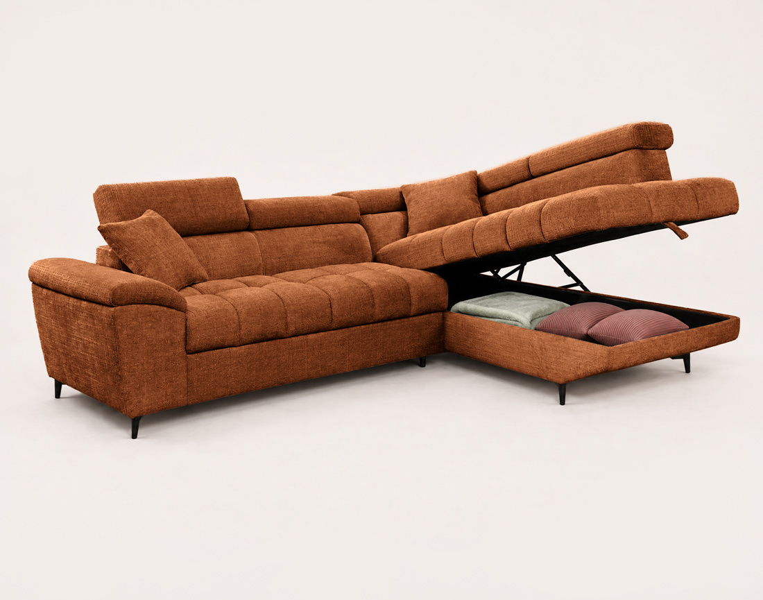 Canapé CAMILLE d'angle droit 5 places convertible avec têtières et coffre en velours texturé | Best Mobilier