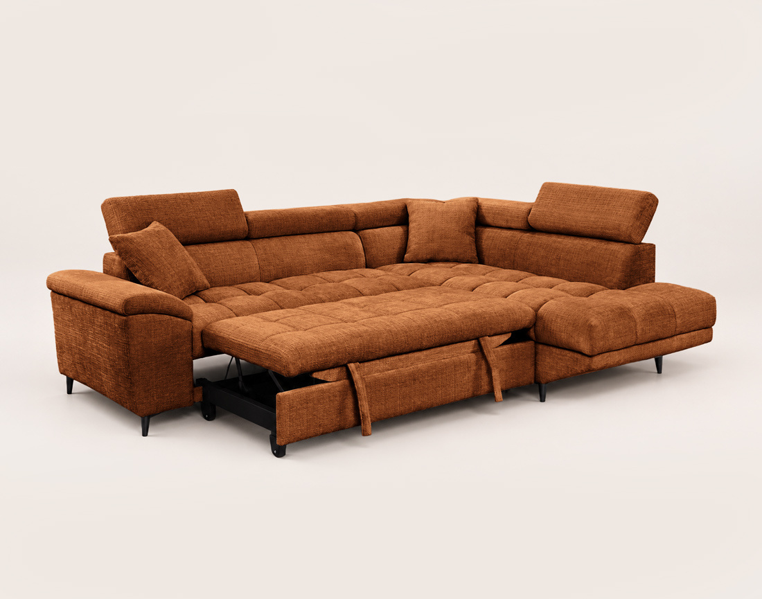 Canapé CAMILLE d'angle droit 5 places convertible avec têtières et coffre en velours texturé | Best Mobilier