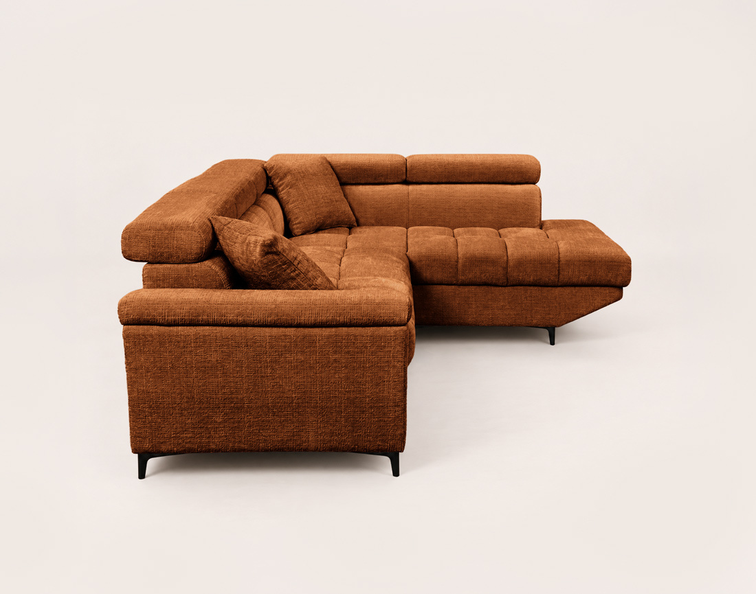 Canapé CAMILLE d'angle droit 5 places convertible avec têtières et coffre en velours texturé | Best Mobilier