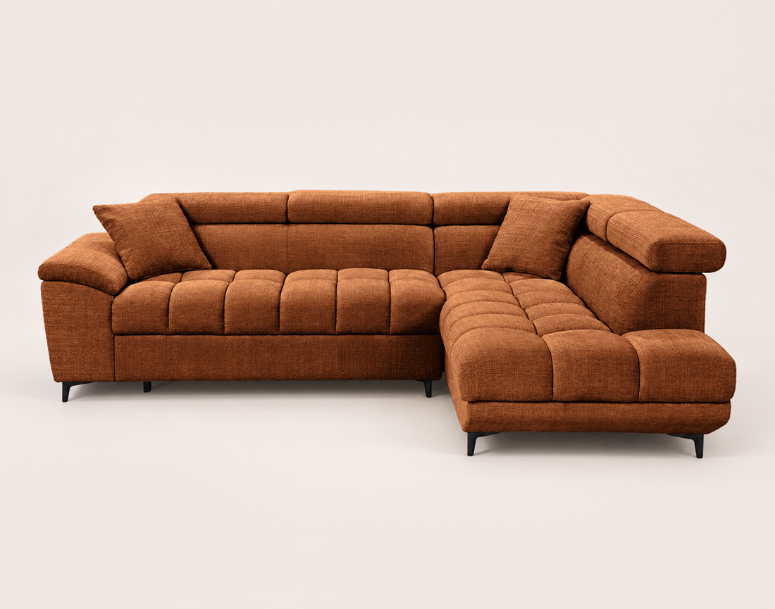 Canapé CAMILLE d'angle droit 5 places convertible avec têtières et coffre en velours texturé | Best Mobilier