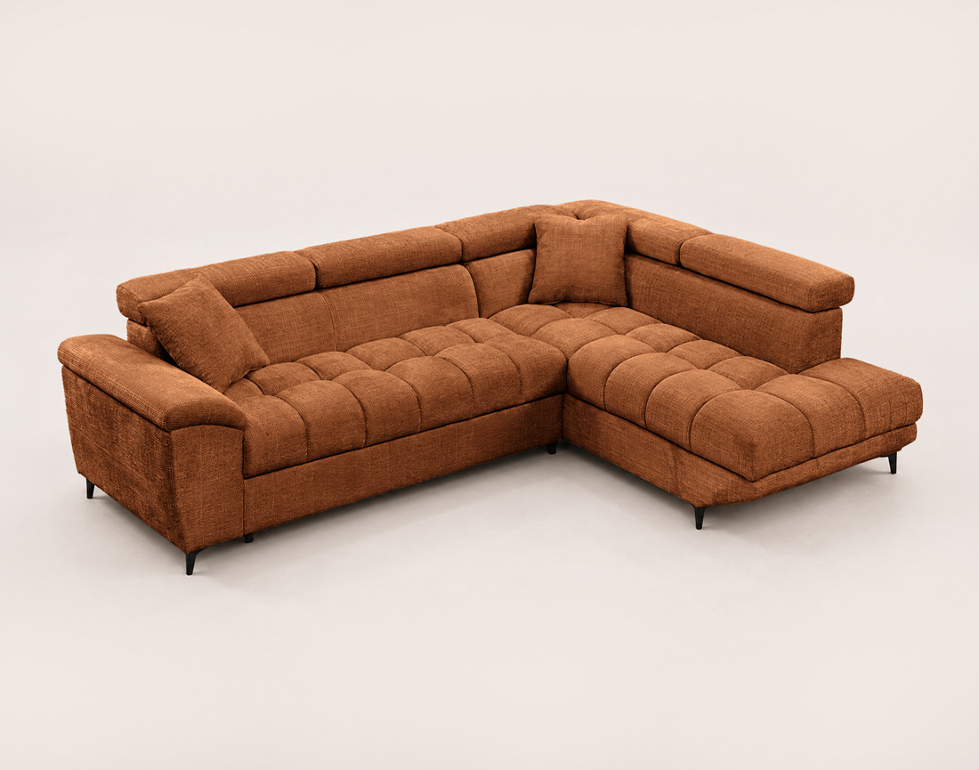 Canapé CAMILLE d'angle droit 5 places convertible avec têtières et coffre en velours texturé | Best Mobilier