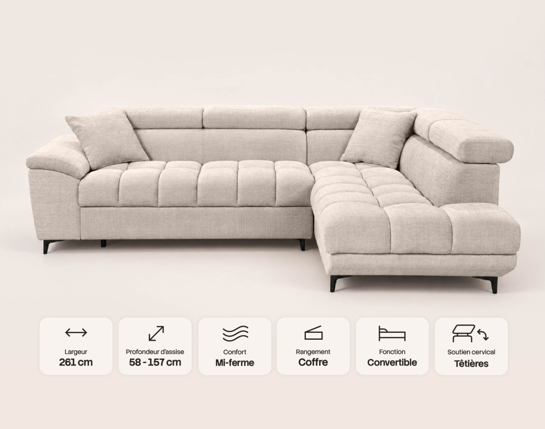 Canapé CAMILLE d'angle droit 5 places convertible avec têtières et coffre en velours texturé | Best Mobilier