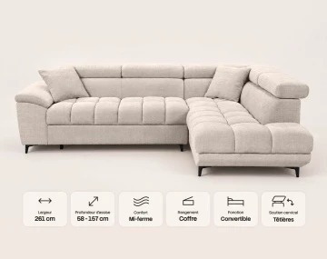 Canapé CAMILLE d'angle droit 5 places convertible avec têtières et coffre en velours texturé | Best Mobilier
